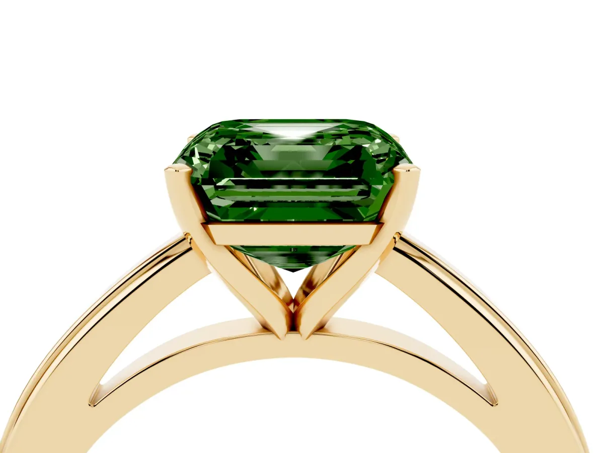 Fancy Green Asscher Cut Solitaire Diamond Ring with Four-Prong Setting and Classic Band Yellow gold