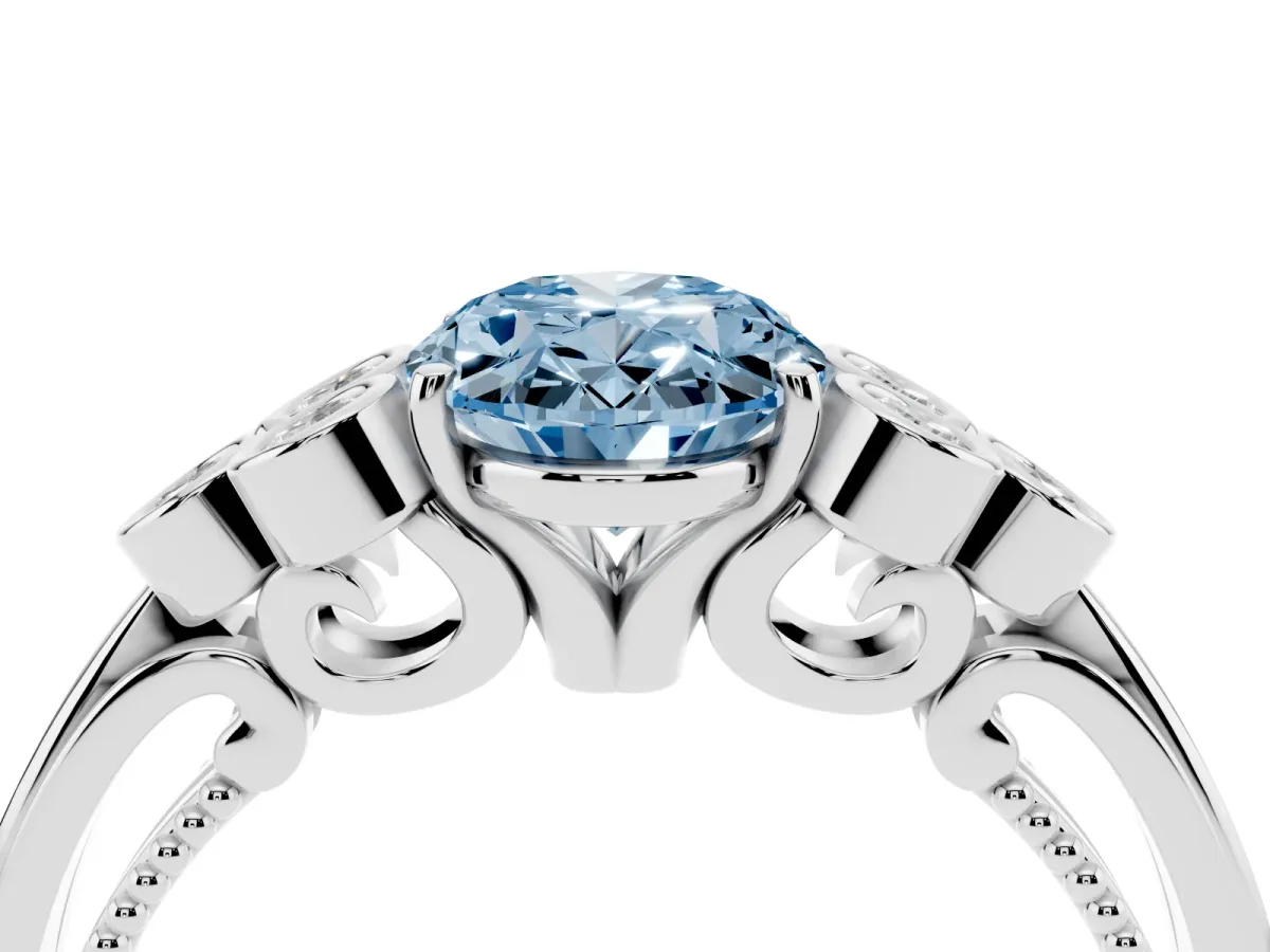Fancy Blue Oval Cut Cut Diamond Engagement Ring with Bezel Set Round Side Stones and Prong Setting Silver