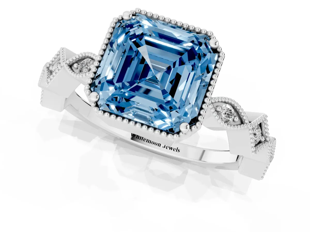 Fancy Blue Asscher Cut Milgrain Marquise Diamond Twist Band Ring Silver