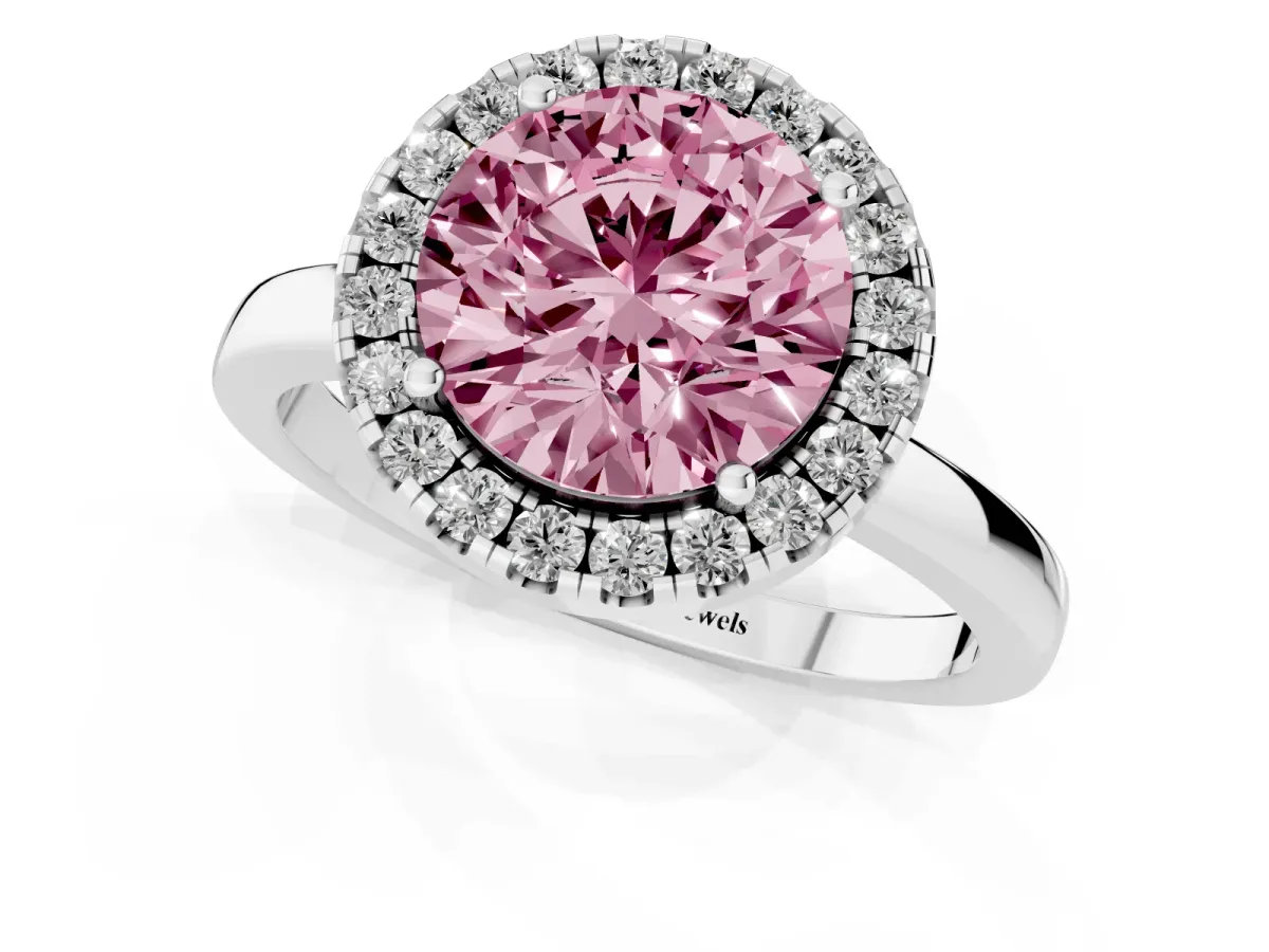 Fancy Pink Round Cut Halo Diamond Solitaire with Pavé Band and Four-Prong Setting Silver