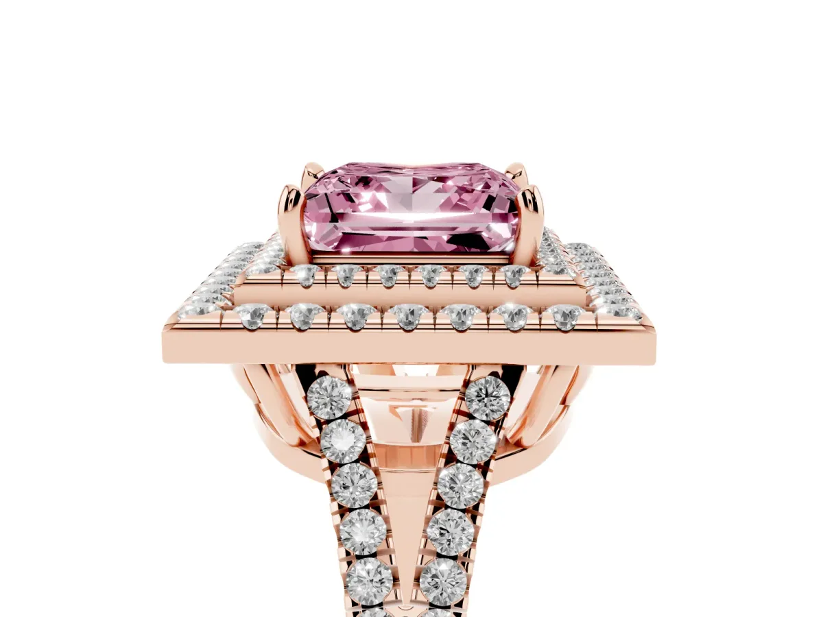 Fancy Pink Princess Cut Diamond Double Halo Ring with Pavé Band and Prong Setting Rose gold