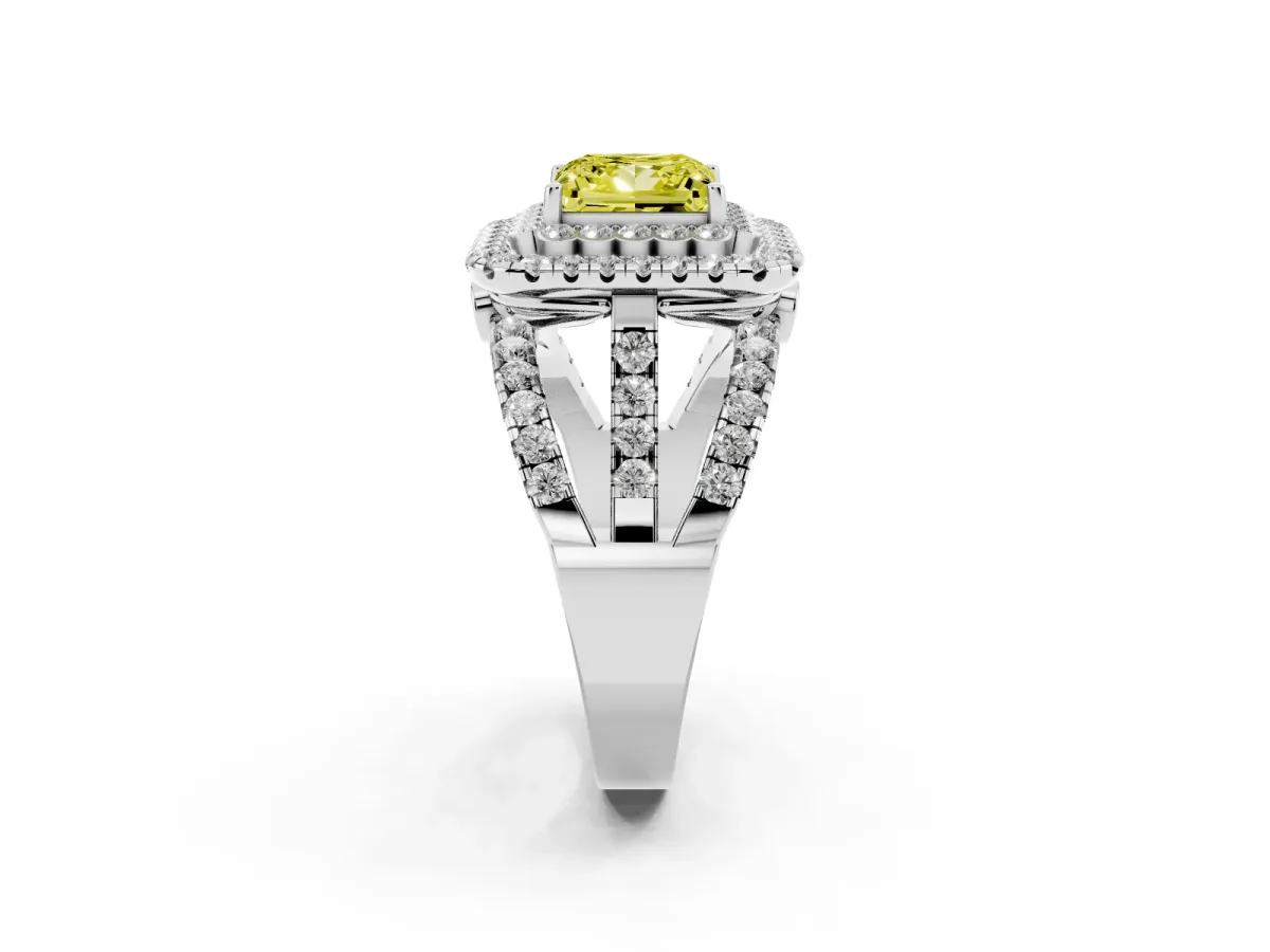 Fancy Yellow Princess Cut Diamond Double Halo Ring with Round Pavé Split Shank and Prong Setting Silver