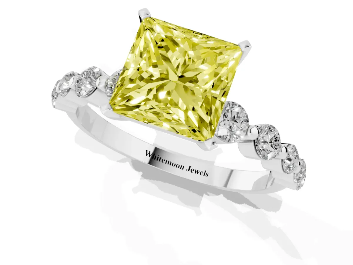 Fancy Yellow Princess Cut Solitaire Diamond Ring with Pave Band and Four-Prong Setting Silver