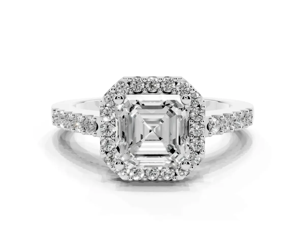 Asscher Cut Halo Diamond Pavé Solitaire Ring Platinum