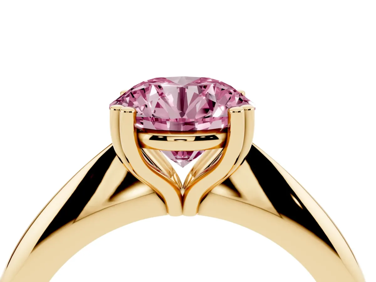 Fancy Pink Round Cut Cut Solitaire Engagement Ring with Tapered Band and Four-Prong Setting Yellow gold
