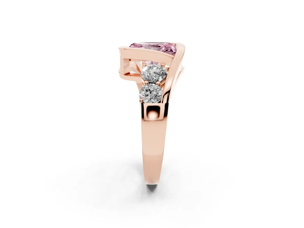 Fancy Pink Bezel Set Radiant Cut Diamond Bypass Ring with Round Accents Rose gold