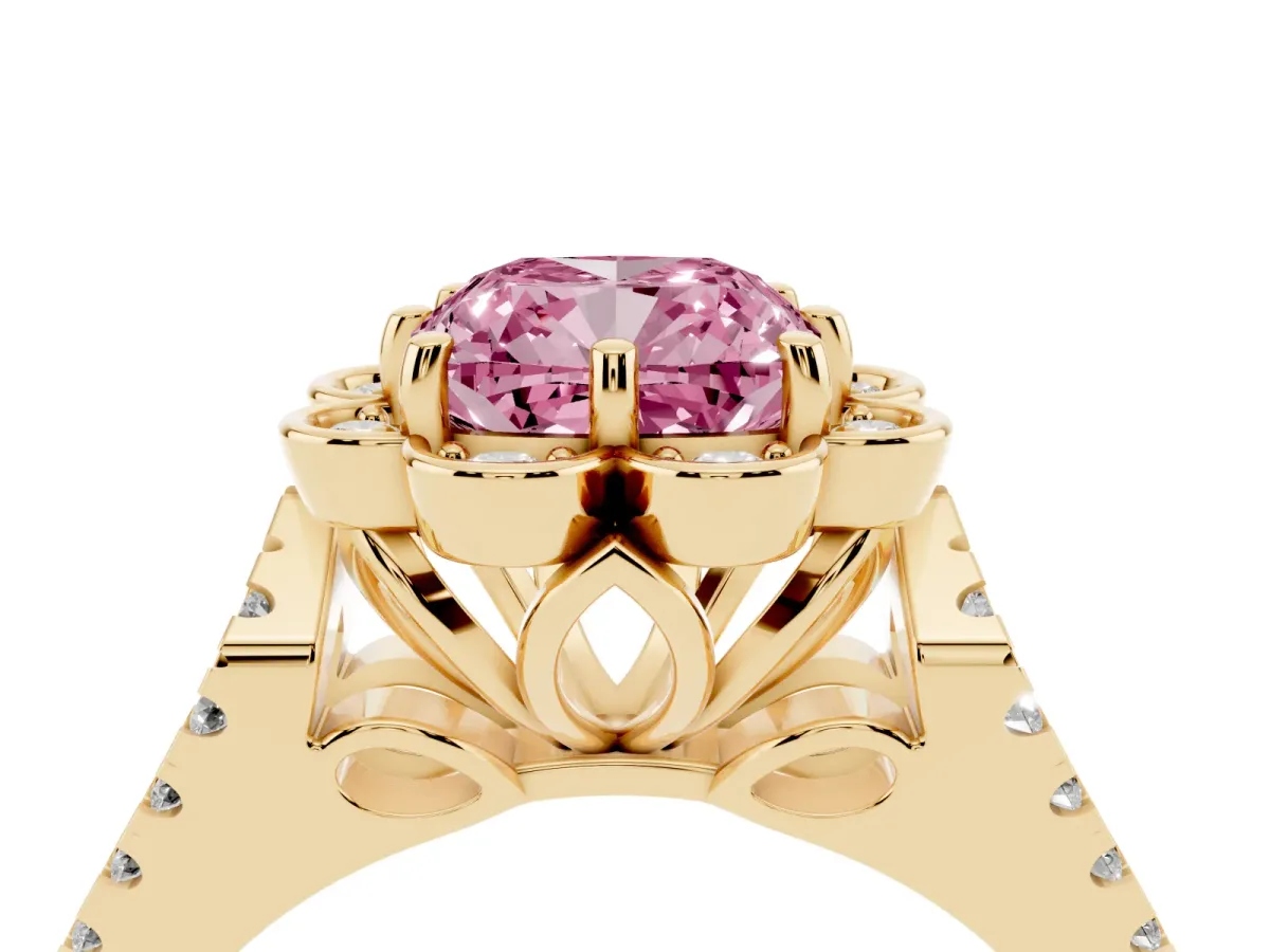 Fancy Pink Cushion Cut Halo Diamond Floral Split Shank Engagement Ring Yellow gold