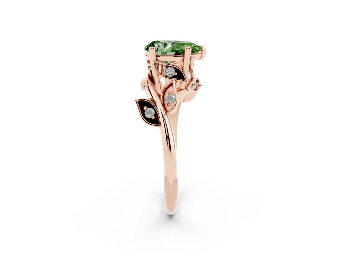 Fancy Green Pear Cut Solitaire Twist Engagement Ring with Leaf Accents and Prong Setting Rose gold