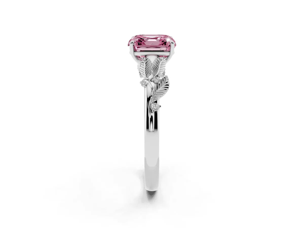 Fancy Pink Asscher Cut Diamond Solitaire Ring with Leaf Motif Band and Four-Prong Setting Platinum