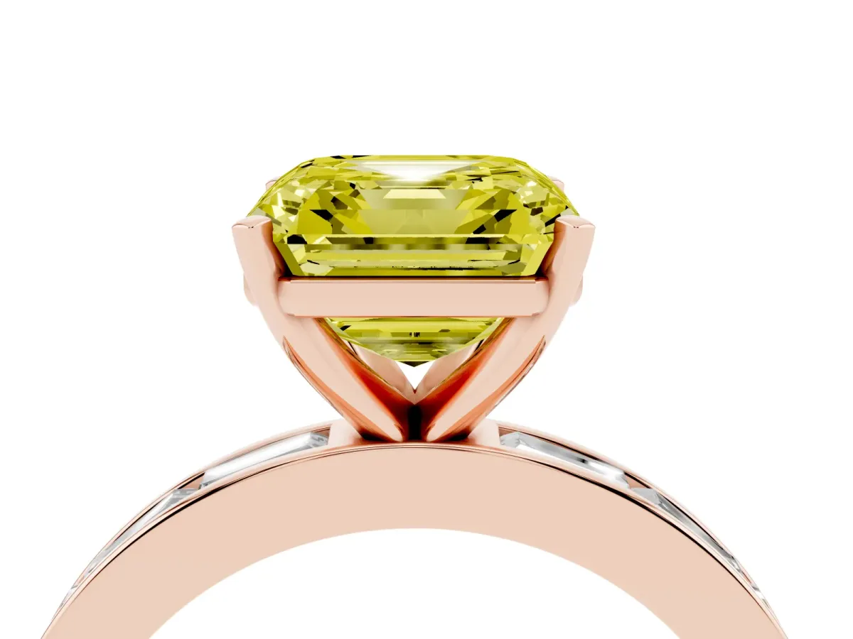 Fancy Yellow Asscher Cut Solitaire Diamond Ring with Channel-Set Baguette Band and Four-Prong Setting Rose gold