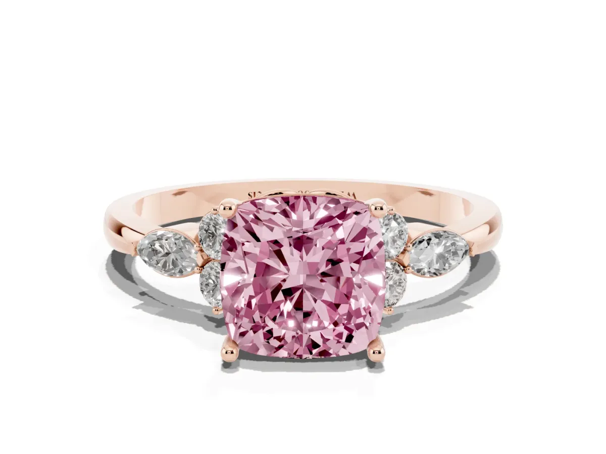 Fancy Pink Cushion Cut Brilliant Diamond Solitaire Ring with Pear Side Stones and Four-Prong Setting Rose gold