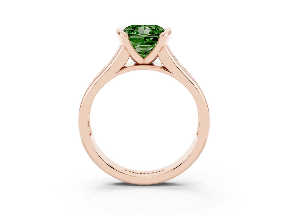 Fancy Green Princess Cut Solitaire Bezel-Set Diamond Ring with Channel-Set Band Rose gold