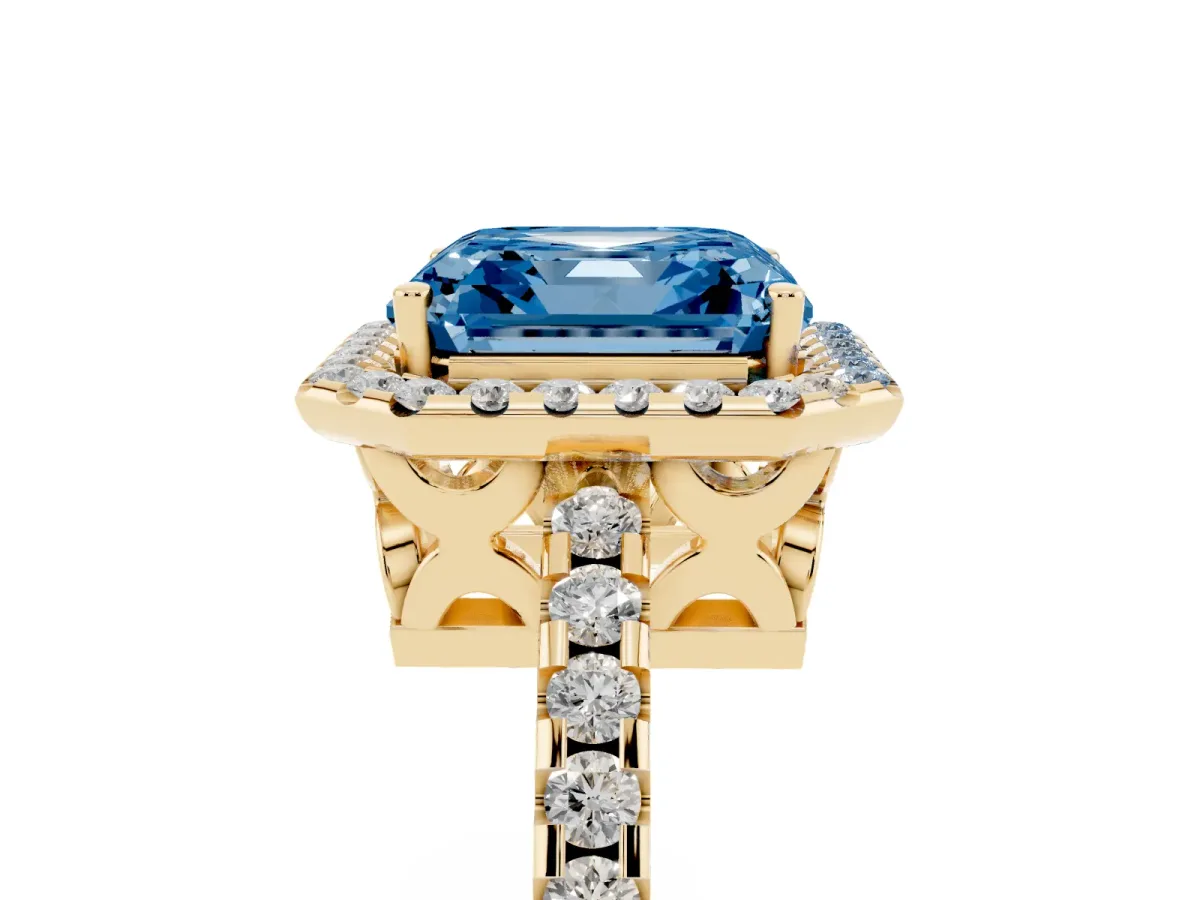 Fancy Blue Asscher Cut Diamond Halo Engagement Ring with Pavé Band and Prong Setting Yellow gold