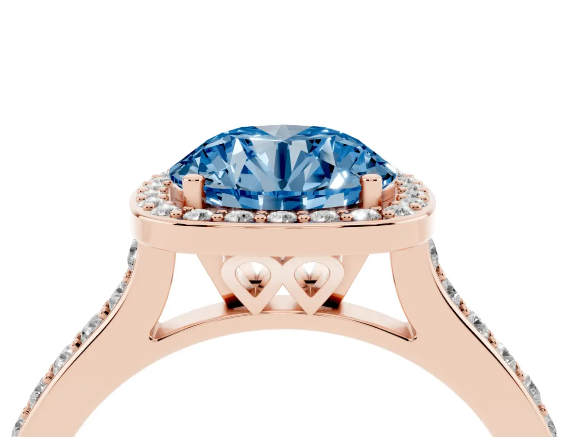 Fancy Blue Round Cut Diamond Halo Engagement Ring with Round Pavé Shoulders and Prong Setting Rose gold