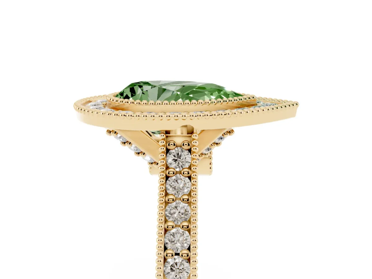 Fancy Green Halo Pear Cut-Cut Diamond Pave Band Milgrain Prong Setting Ring Yellow gold