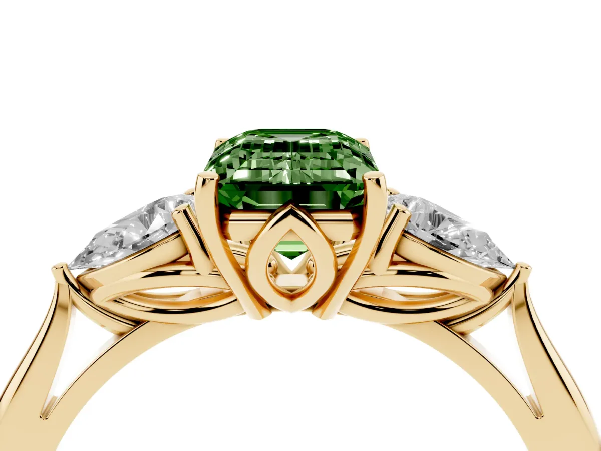 Fancy Green Three-Stone Emerald Cut Brilliant Diamond Solitaire Ring with Tapered Band and Four-Prong Setting Yellow gold