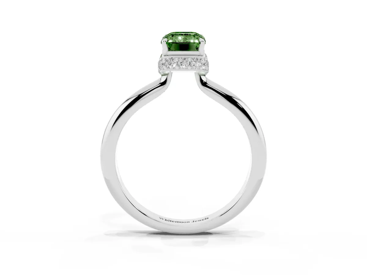 Fancy Green Emerald Cut Brilliant Solitaire Engagement Ring with Six-Prong Setting and Classic Band Silver