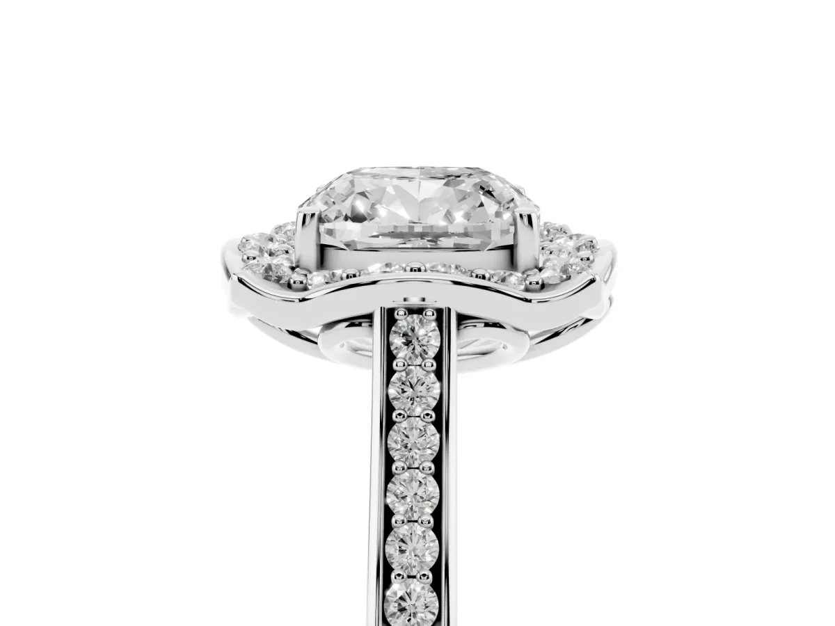 Cushion Cut Halo Round Diamond Pave Band with Four-Prong Setting Silver