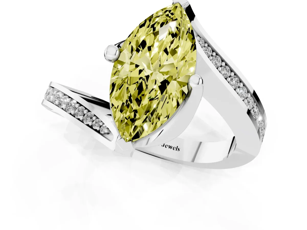 Fancy Yellow Marquise Cut Solitaire Diamond Twist Band with Pavé Setting and Four-Prong Setting Platinum