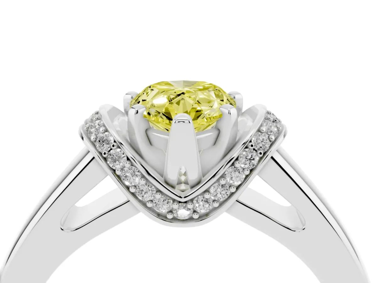 Fancy Yellow Pear Cut Solitaire Diamond Ring with Pave Band and Six-Prong Setting Silver
