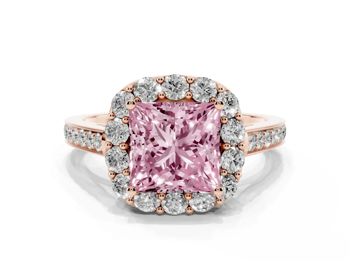 Fancy Pink Princess Cut Diamond Floral Halo Ring with Pavé Band and Prong Setting Rose gold
