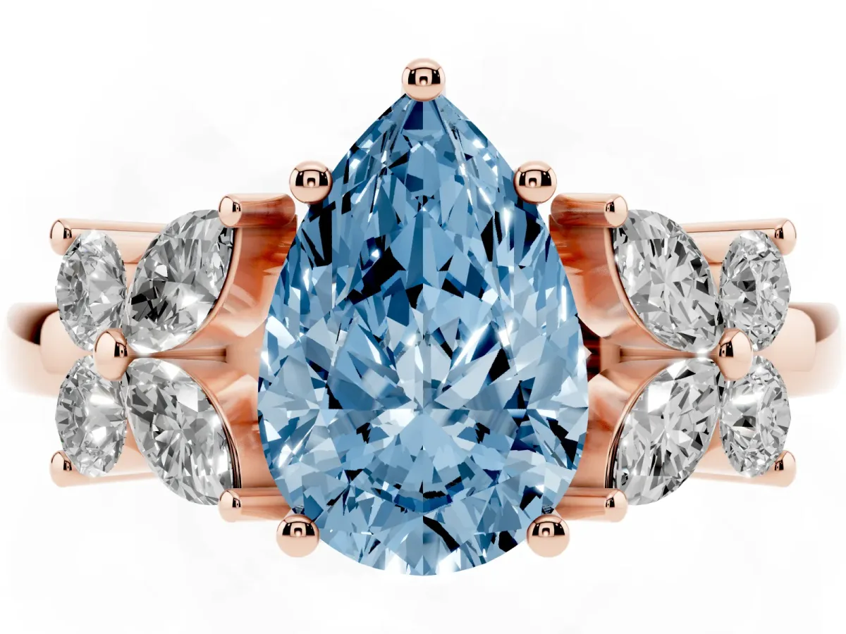 Fancy Blue Pear Cut Diamond Floral Cluster Ring with Solitaire Band and Prong Setting Rose gold