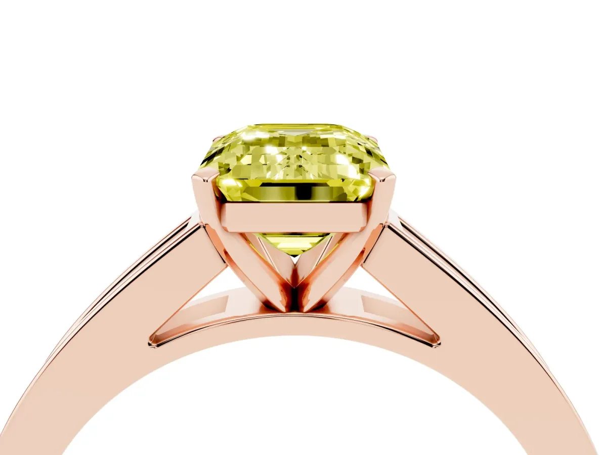 Fancy Yellow Emerald Cut Solitaire Diamond Ring with Channel-Set Band and Four-Prong Setting Rose gold