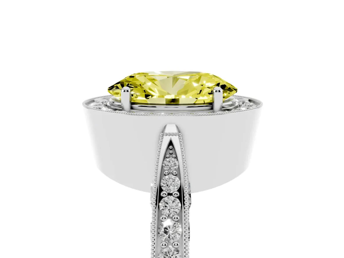 Fancy Yellow Oval Cut Halo Diamond Engagement Ring with Split Shank Band and Four-Prong Setting Silver