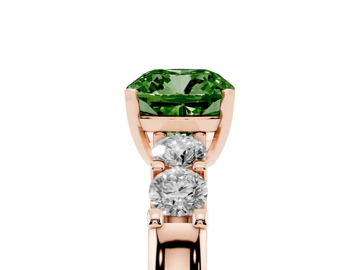 Fancy Green Cushion Cut Brilliant Cut Diamond Five-Stone Prong Set Engagement Ring with Channel Band Rose gold