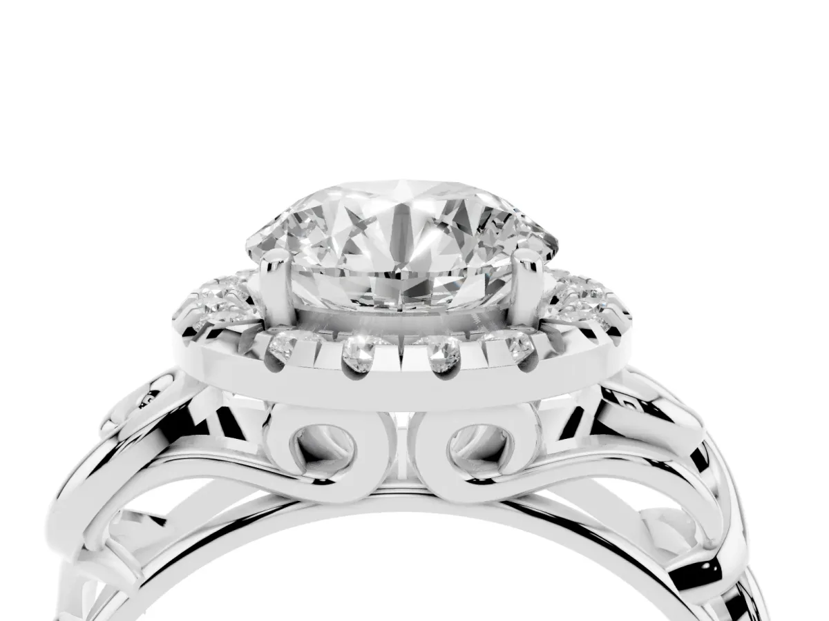 Round Cut Cut Halo Diamond Ring with Scrollwork Band and Four-Prong Setting Silver