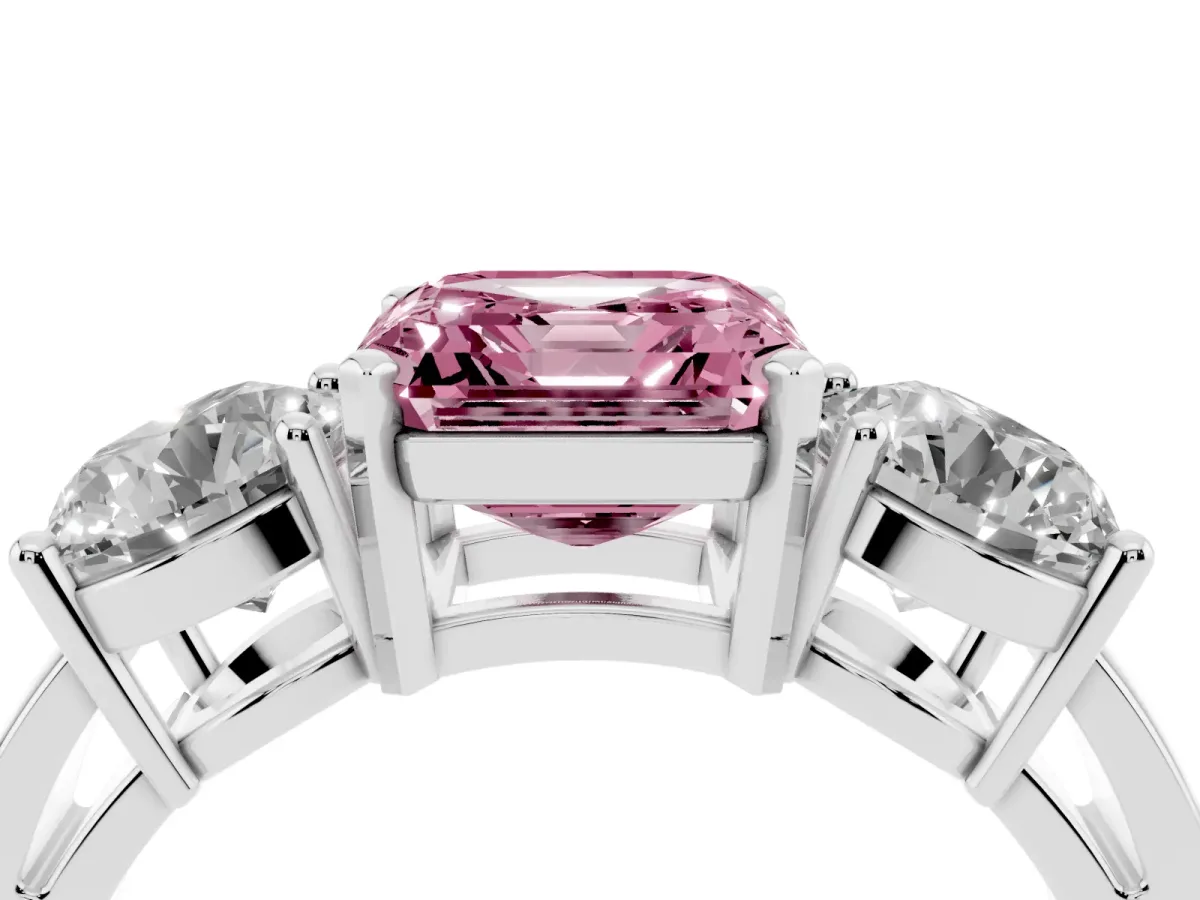 Fancy Pink Three-Stone Asscher Cut Diamond Ring with Round Side Stones, Classic Band, and Four-Prong Setting Silver
