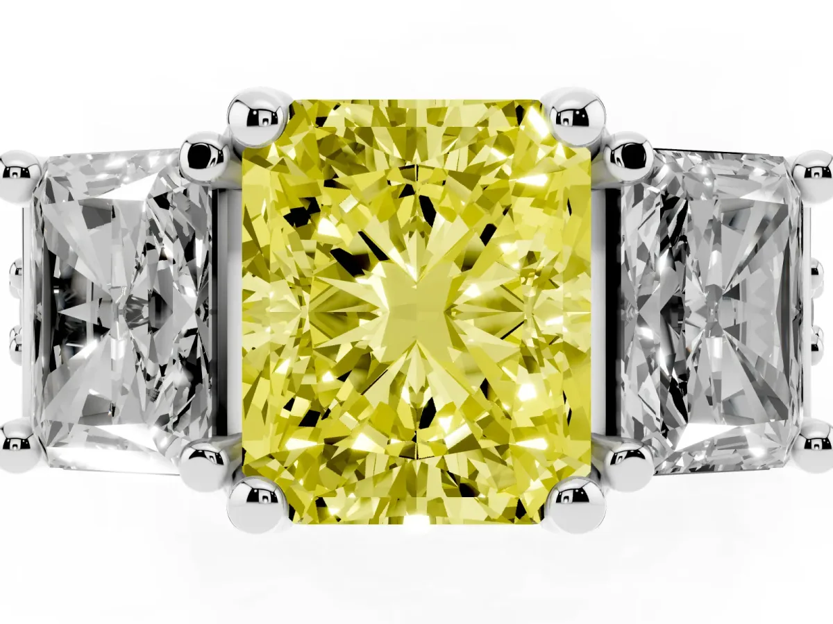 Fancy Yellow Radiant Cut Diamond Three-Stone Ring with Channel Set Band and Four-Prong Setting Silver