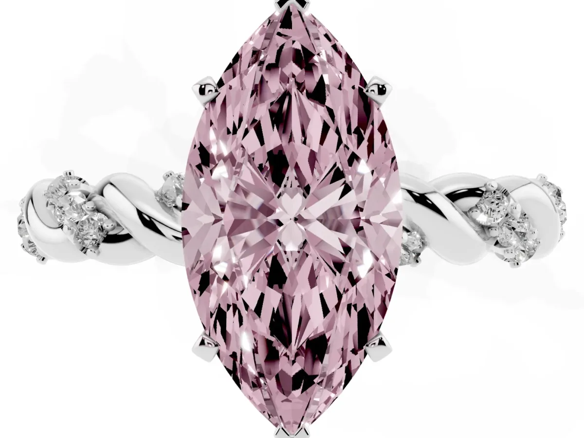 Fancy Pink Marquise Cut Diamond Solitaire Ring with Twisted Band and Pavé Accents Silver
