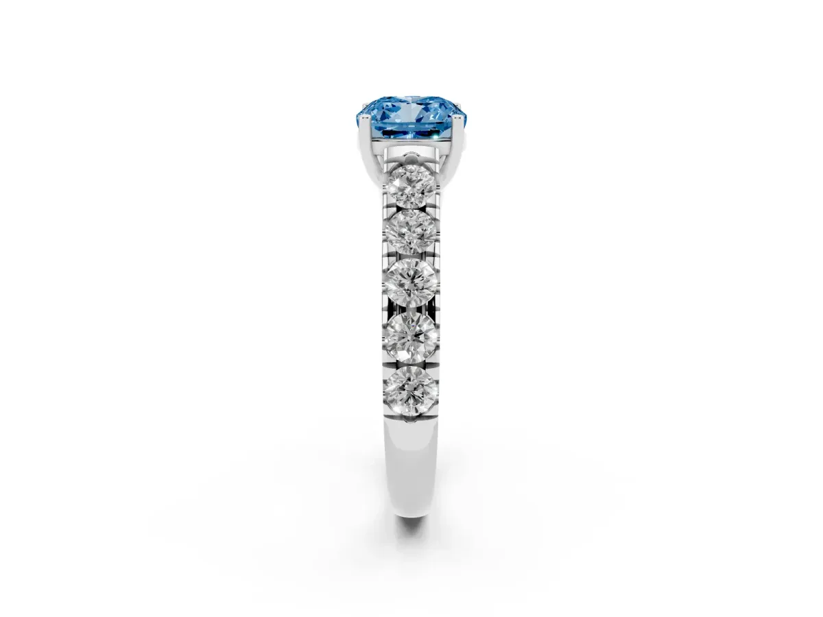 Fancy Blue Cushion Cut Cut Diamond Solitaire Ring with Micro Pave Band and Prong Setting Platinum