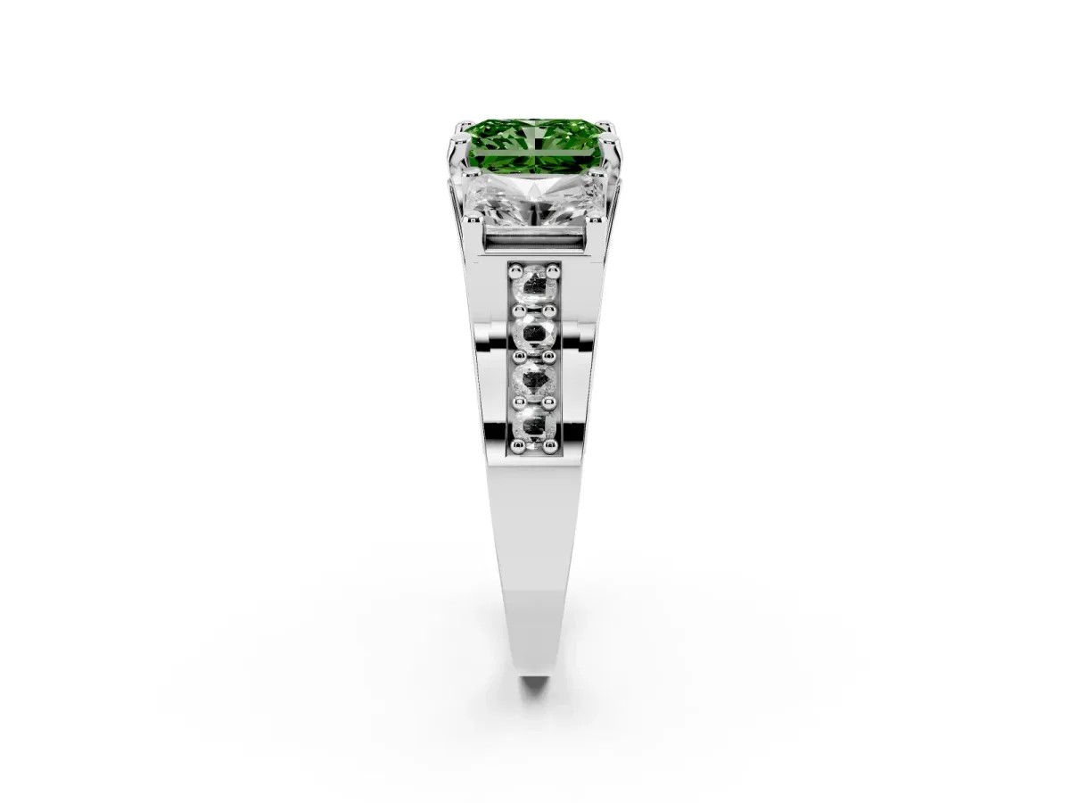 Fancy Green Radiant Cut Diamond Three-Stone Ring with Channel Set Band and Four-Prong Setting Silver