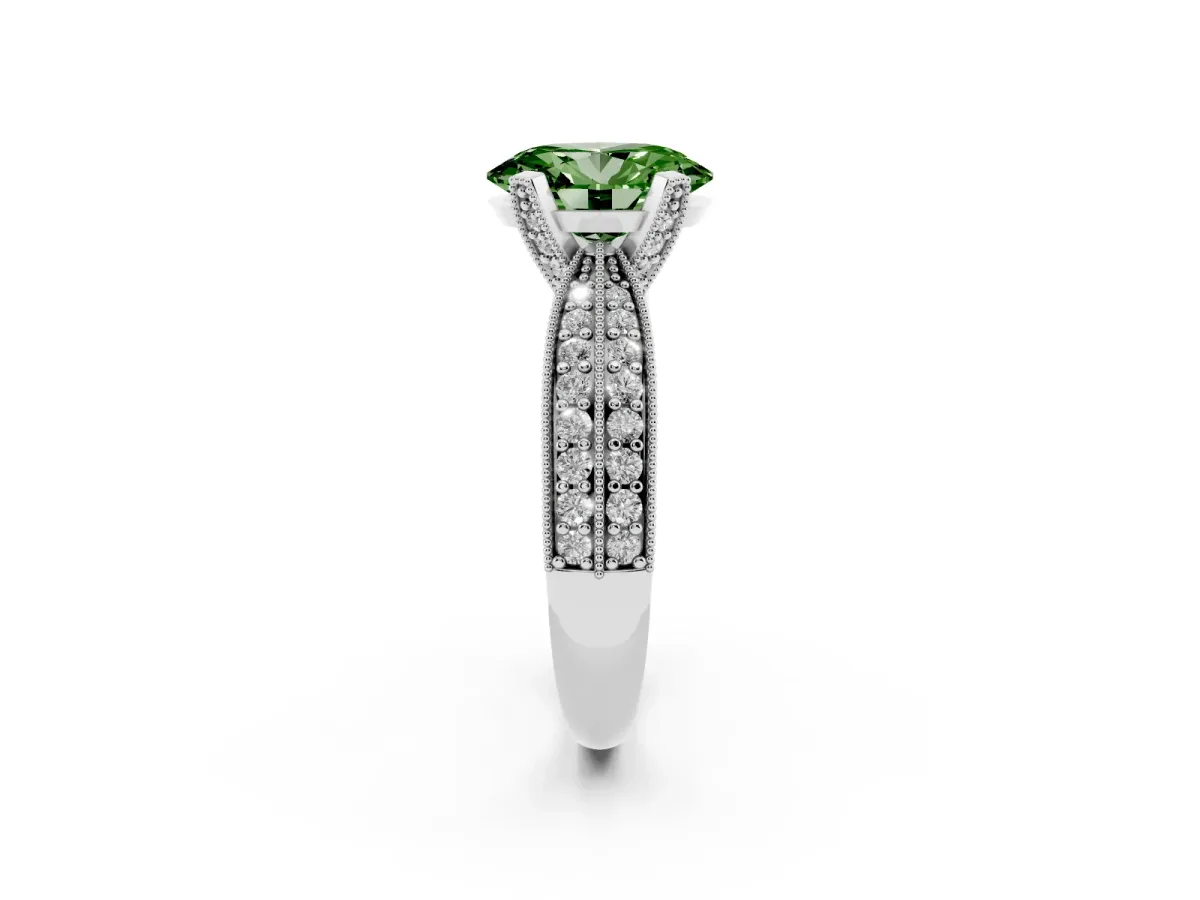 Fancy Green Oval Cut Diamond Solitaire Ring with Milgrain Round Pavé Band and Prong Setting White gold