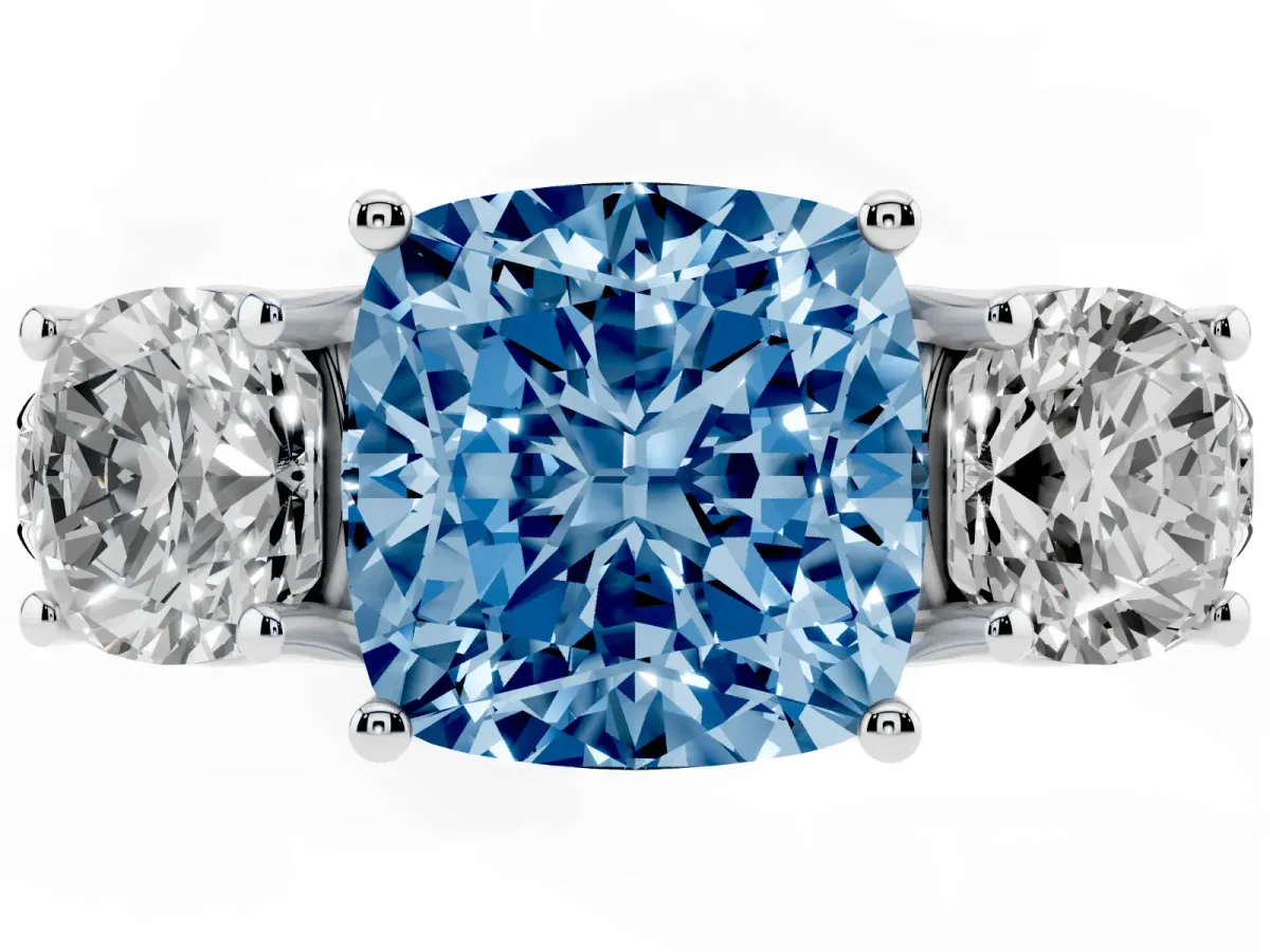 Fancy Blue Three-Stone Cushion Cut Diamond Pavé Band with Prong Setting Silver