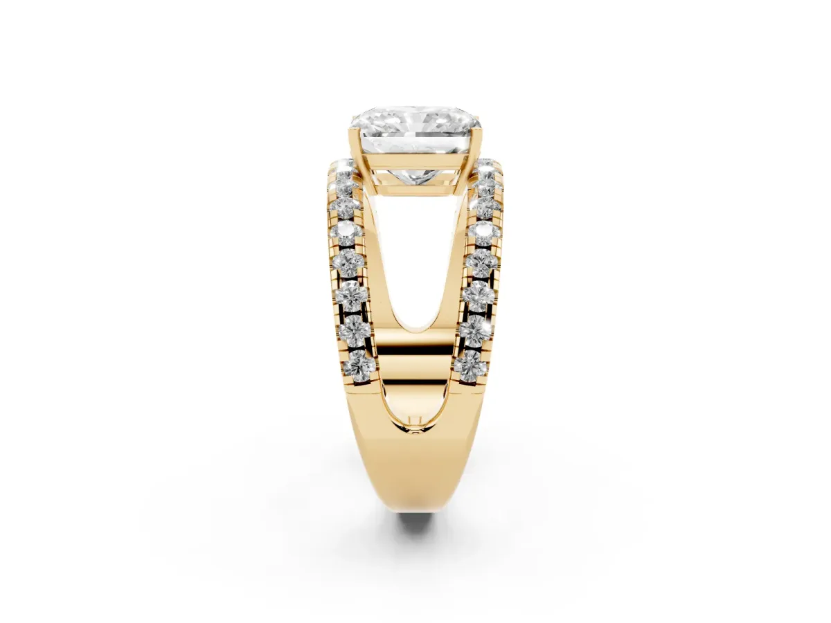Radiant Cut Solitaire Split Shank Pave Diamond Ring Yellow gold