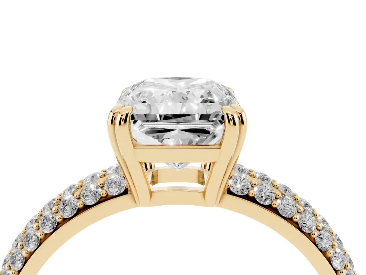 Radiant Cut Diamond Solitaire Ring with Multi-Row Round Pavé Band and Prong Setting Yellow gold