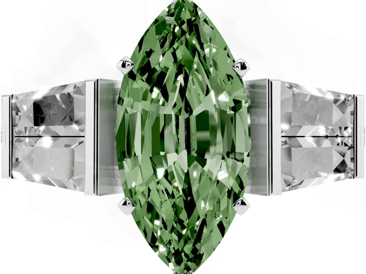 Fancy Green Marquise Cut Diamond Engagement Ring with Baguette Side Stones and Channel Set Band Silver