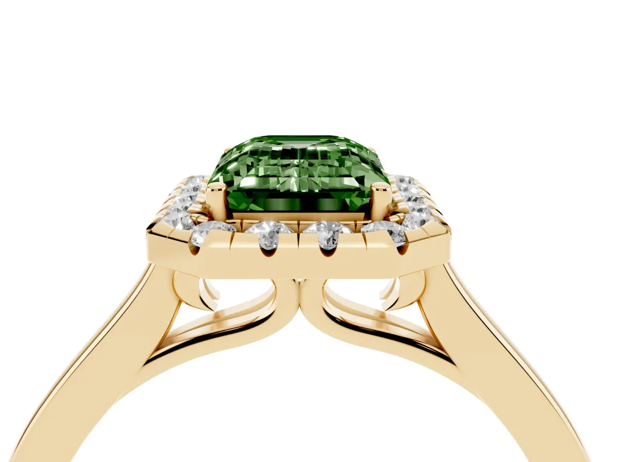 Fancy Green Emerald Cut Halo Round Diamond Solitaire Ring with Pavé Band and Four-Prong Setting Yellow gold