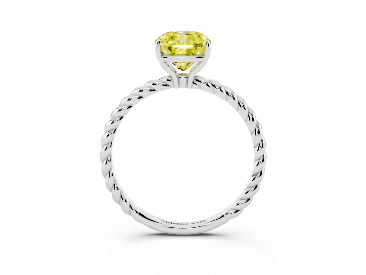 Fancy Yellow Cushion Cut Solitaire Twist Band Ring with Four-Prong Setting Platinum