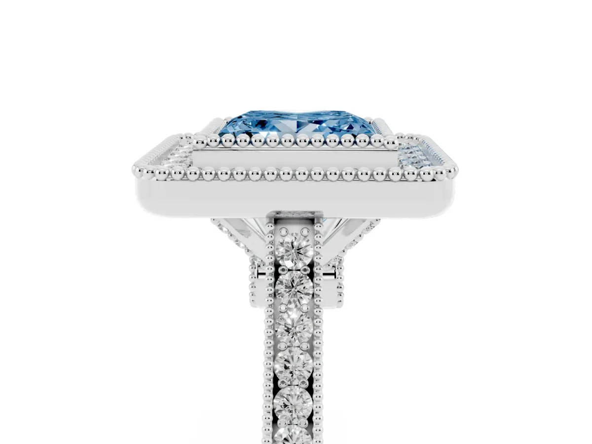 Fancy Blue Princess Cut Diamond Halo Ring with Milgrain Frame and Pavé Band Platinum