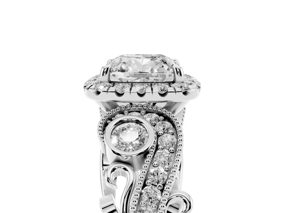 Cushion Cut Diamond Halo Ring with Milgrain Pavé Band and Four-Prong Setting White gold