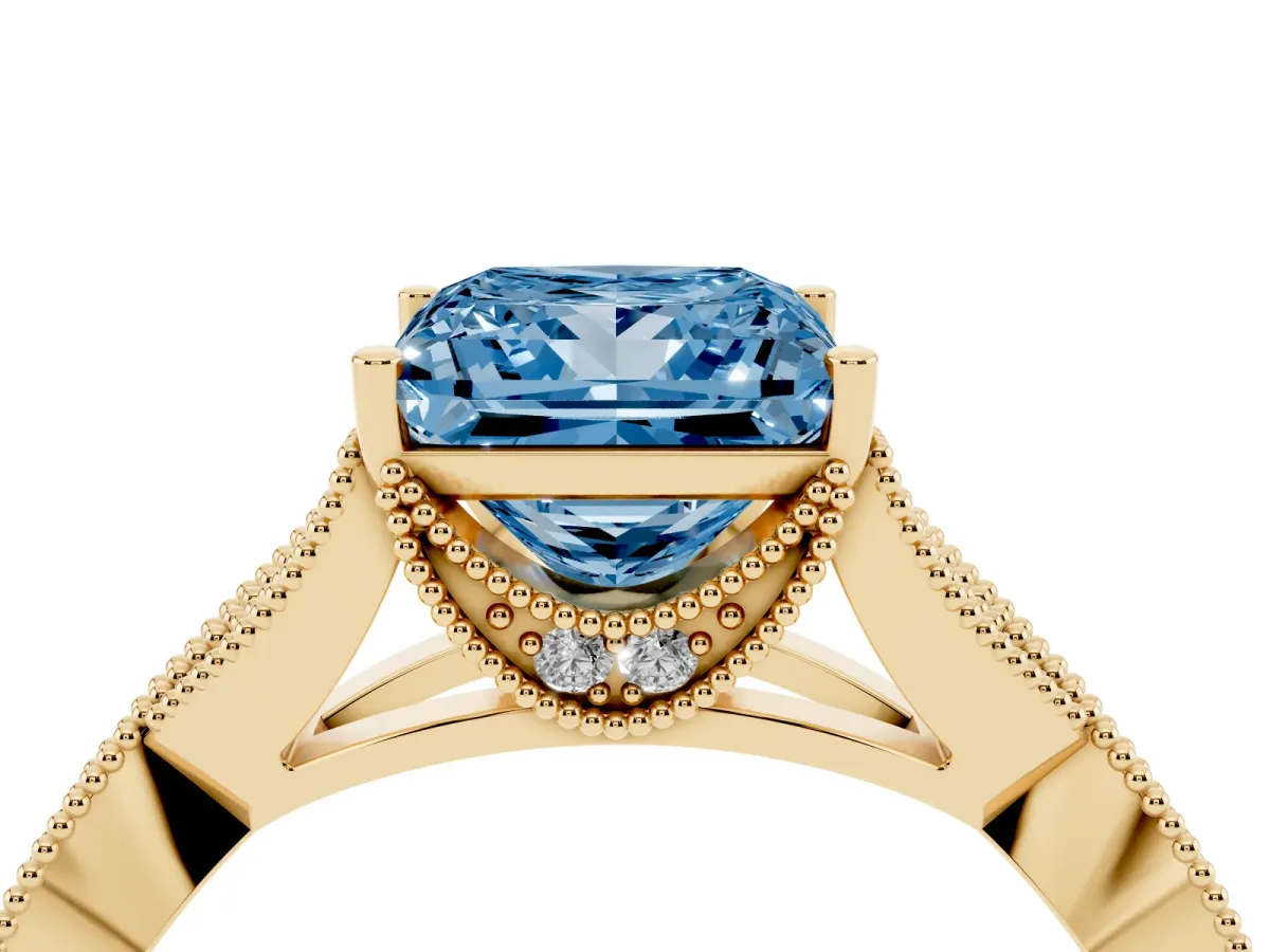 Fancy Blue Princess Cut Cut Diamond Twisted Band with Milgrain Pave Setting and Four-Prong Setting Yellow gold