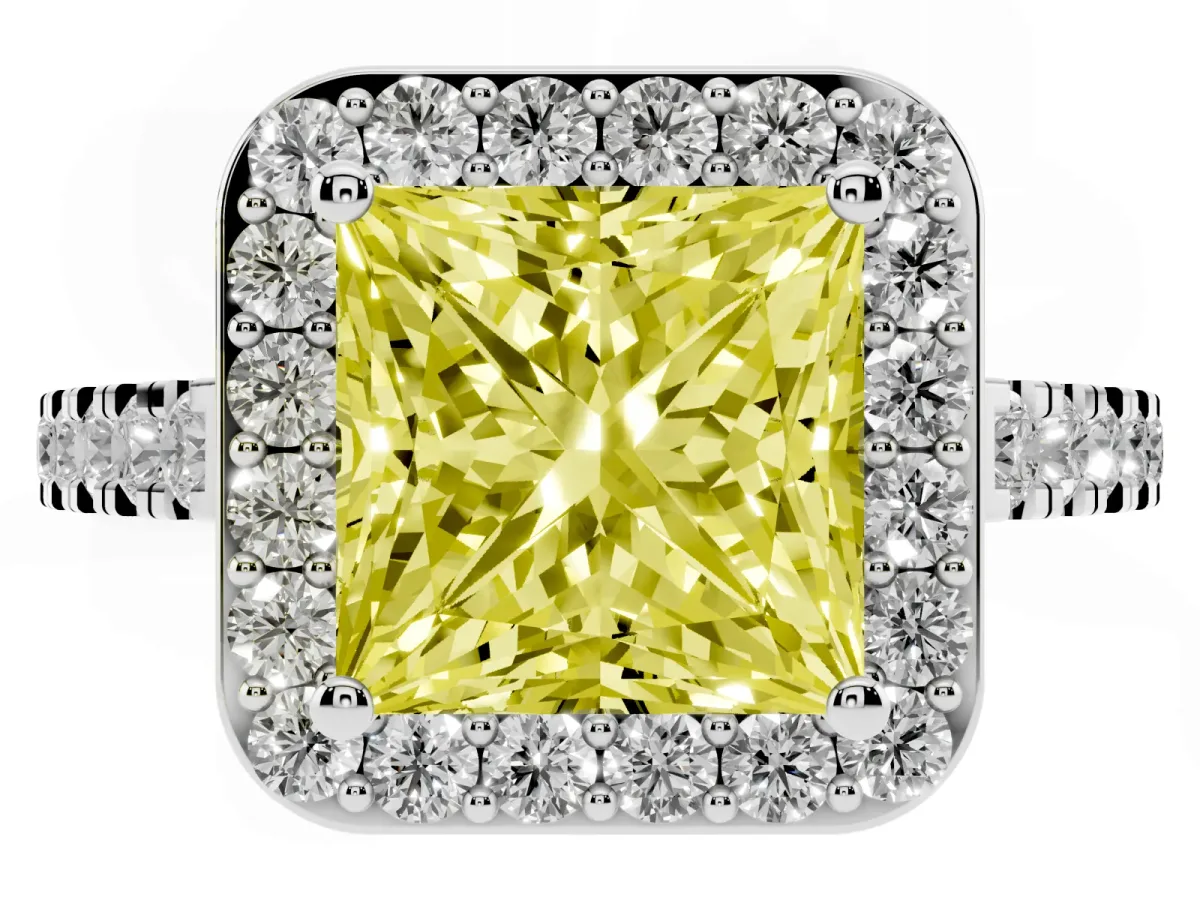Fancy Yellow Princess Cut Diamond Halo Ring with Round Pavé Split Shank and Prong Setting Silver