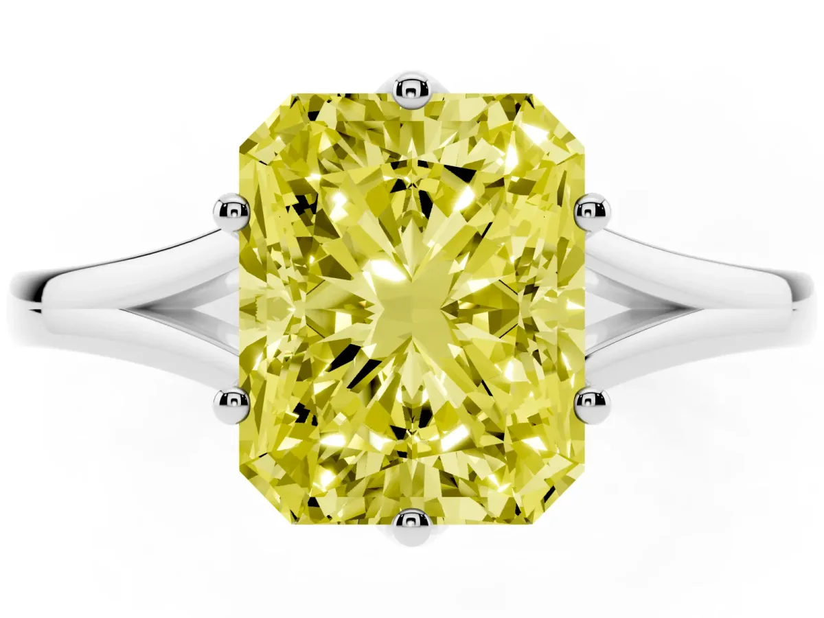 Fancy Yellow Radiant Cut Solitaire Diamond Ring with Six-Prong Setting and Tapered Band Platinum