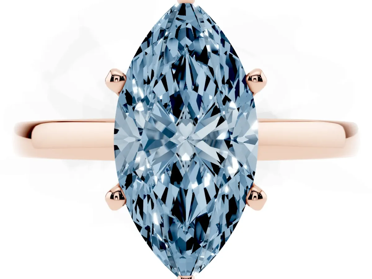 Fancy Blue Marquise Cut Solitaire Diamond Engagement Ring with Four-Prong Setting on a Classic Band Rose gold