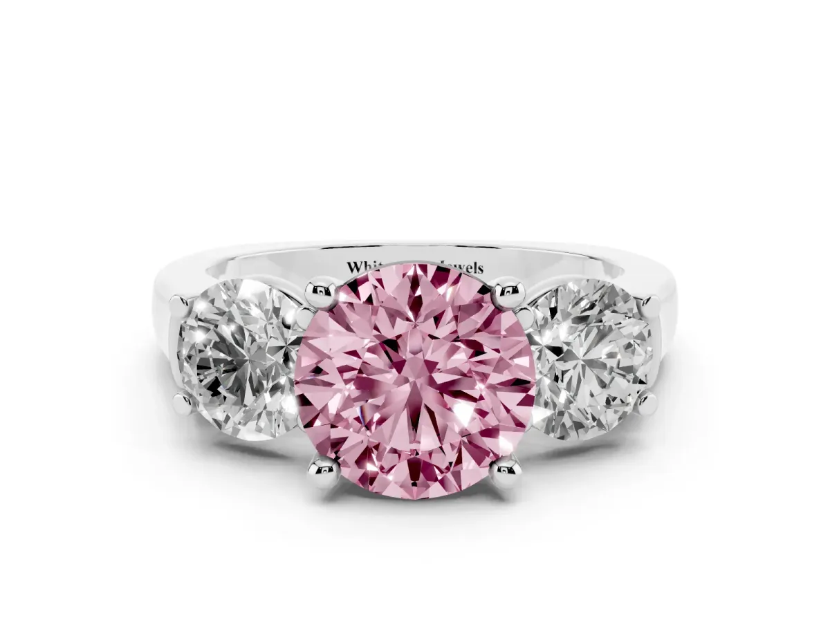 Fancy Pink Three-Stone Round Cut Brilliant Diamond Trellis Ring with Comfort Fit Band Silver