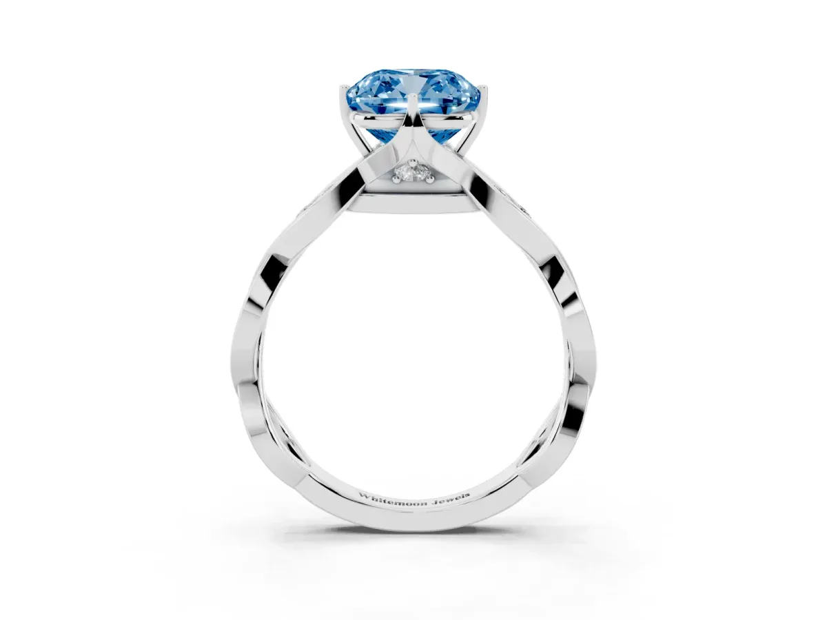 Fancy Blue Cushion Cut Solitaire Twist Band with Leaf Prong Setting Silver